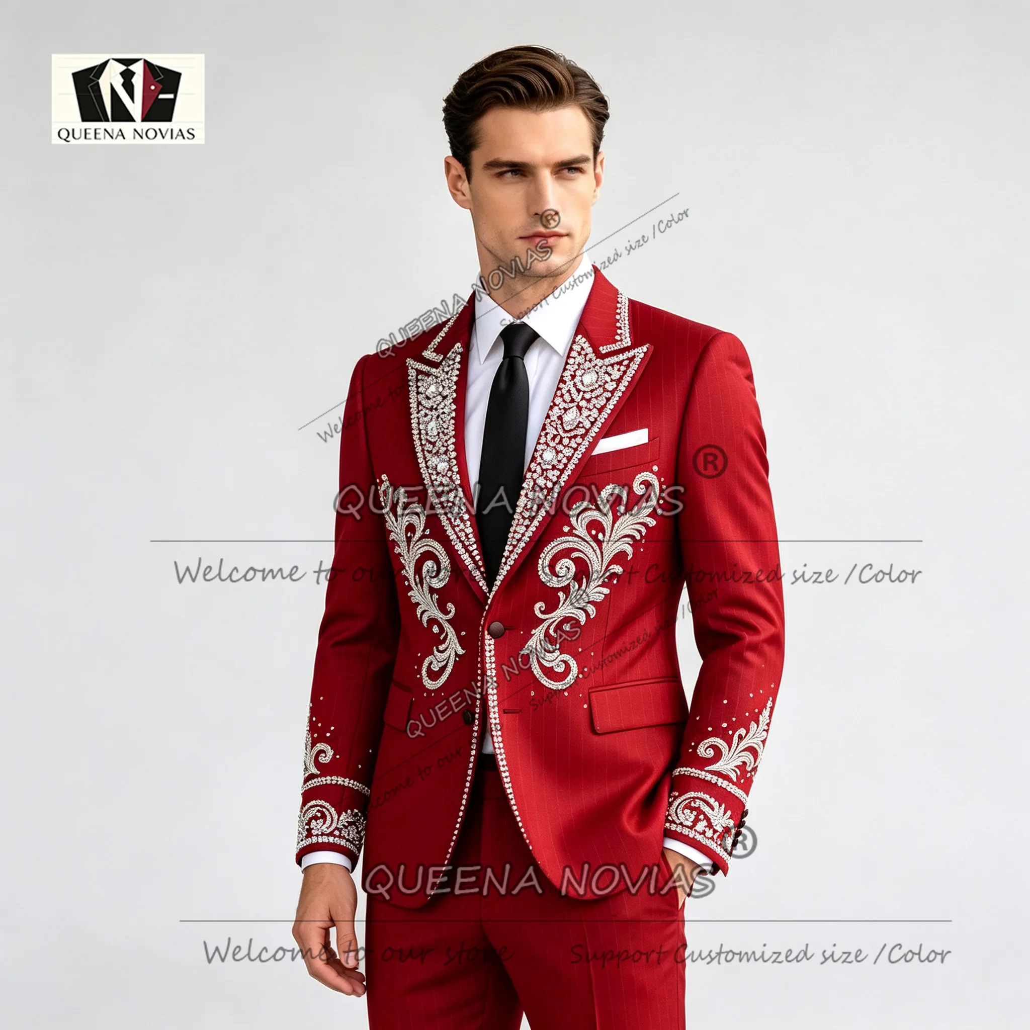 Luxury Vertical Striped Suits Men For Wedding Beadwork Crystals Jacket Pants 2 Pieces Sets Groom Tuxedo Attires Ropa Hombre 2027