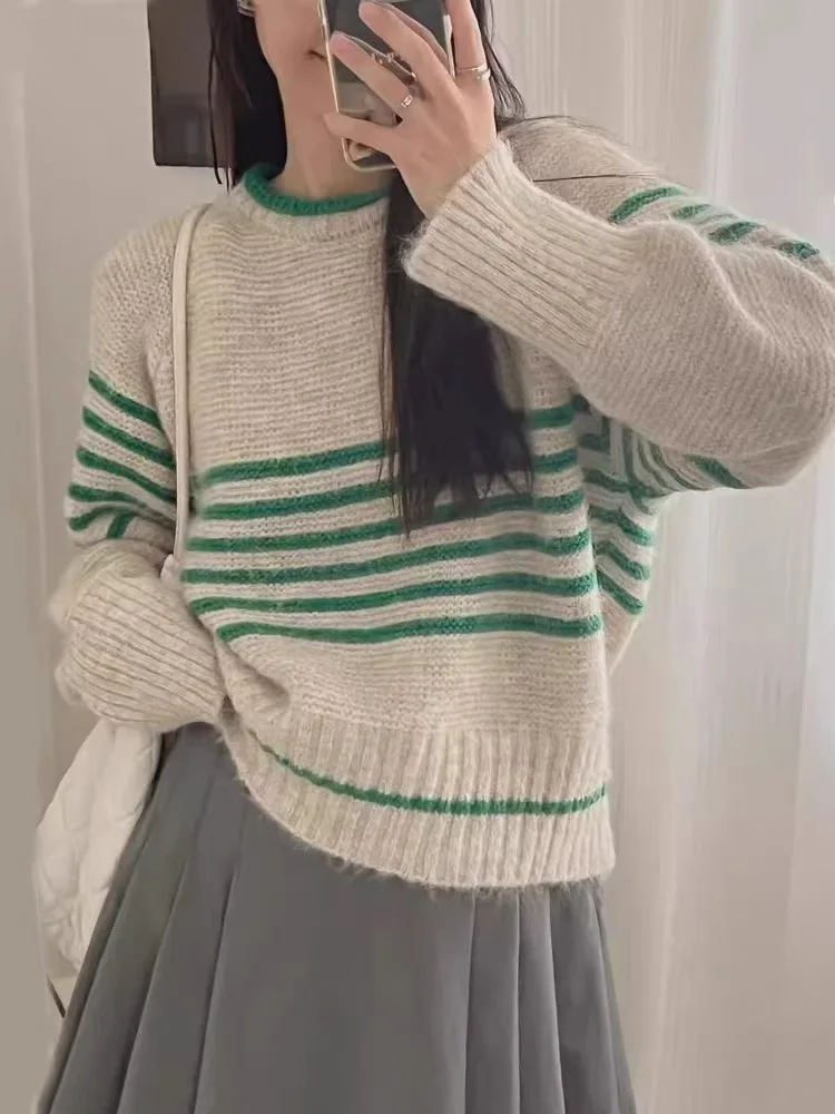

Retro Korean Sle Women's round Ne Sweater Loose Fit Soft Cozy Striped Knitwear Autumn Winter Comfortable Lazy Sle Top