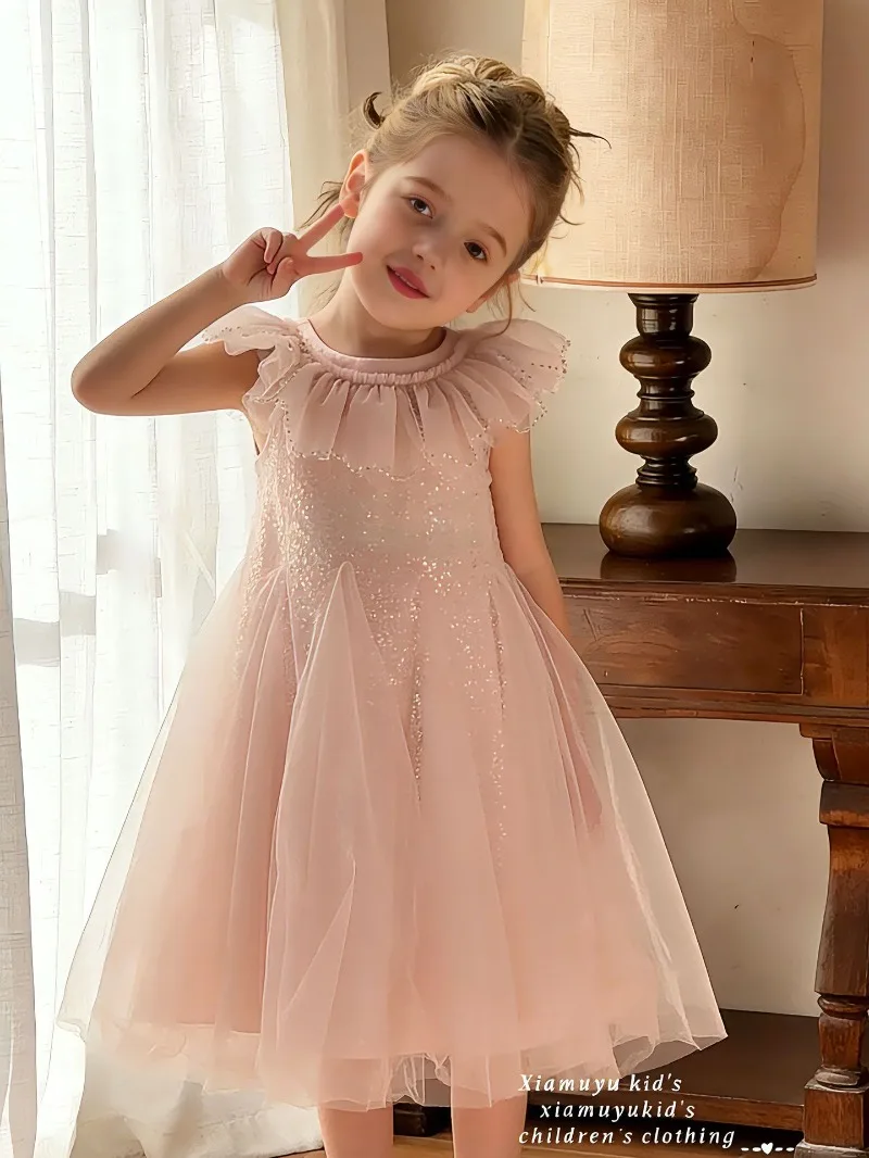 2026 Summer Light Luxury Girls Dress Fly Sleeve Sequined Princess Dress Children's Birthday Banquet Piano Performance Clothes