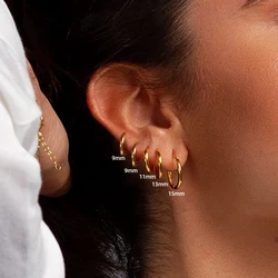 9/11/13mm Gold Color Small Hoop Earrings Stainless Steel Circle Round Huggies for Women Men Buckle Fashion Jewelry 