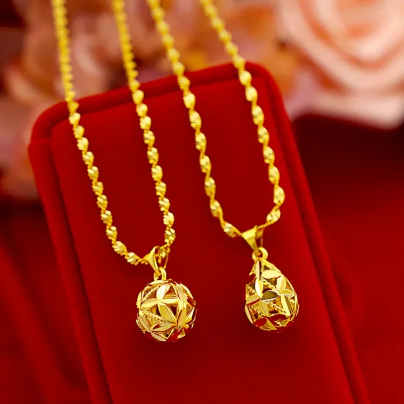 9999 Real Gold 24K Jewelry Water Drop Pendant Gold Ladies Necklace Hollow Flower Hydrangea Necklace