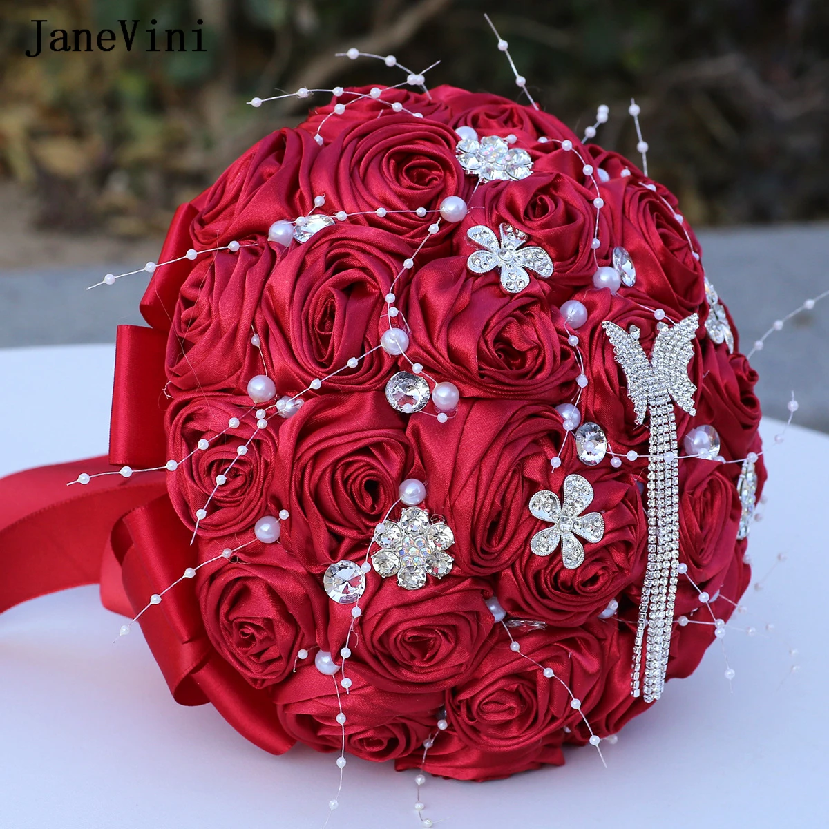 JaneVini-Bouquets de Patients Papillon Diamant Bordeaux, Satin Artificiel, Perles Poubelles, Bouquet de Mariée, Fleurs, Accessoires de Mariage, Nouveau