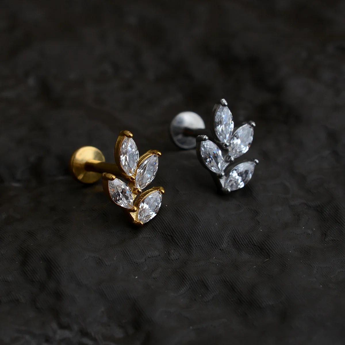 1PC Stainless Steel Flower Leaf  Zircon Studs Cartilage Earrings Internal Thread Flat Back Helix Tragus Conch Rook Lobe Piercing