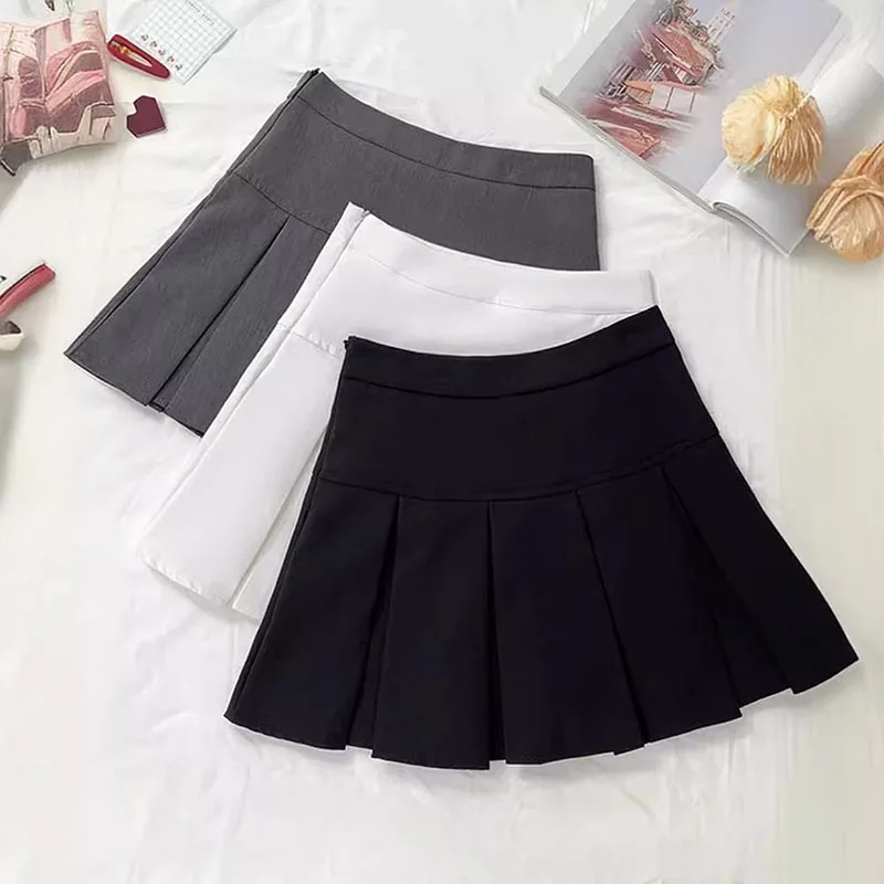 

Summer Gray High Waist Women Pleated Skirt Simple Slim A Line Student Skirt with Design Sweet and Cute Skirt Ladies