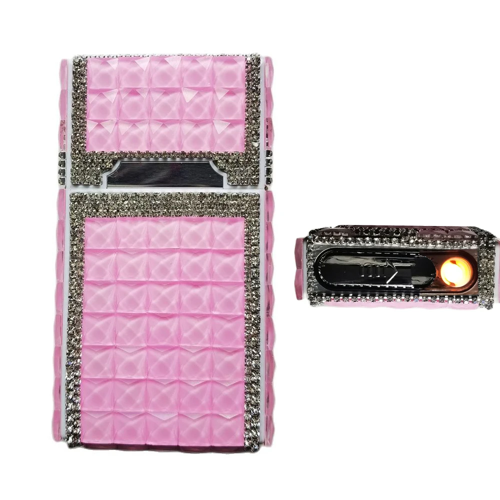 Exquisite Diamond Shiny Long Women Cigarette Case Box USB Charging Lighter 100s Slim Cigarettes Stylish Luxury Pink Cigarette A