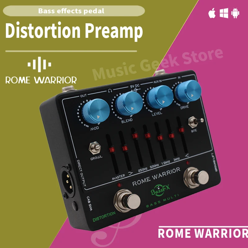 Fanmuzk Rome Warrior Bass Preamp Pedal 6-Band Graphic EQ Distortion DI Box with Headphone Out and Aux-In