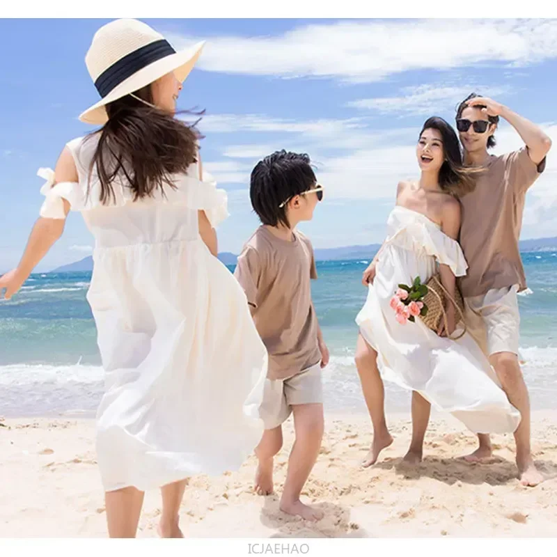 Look Family Matching Clothes Equal Party White Dress Dad Mom Children and Daughter Vacation Outfit Father Son Set Beach Mother