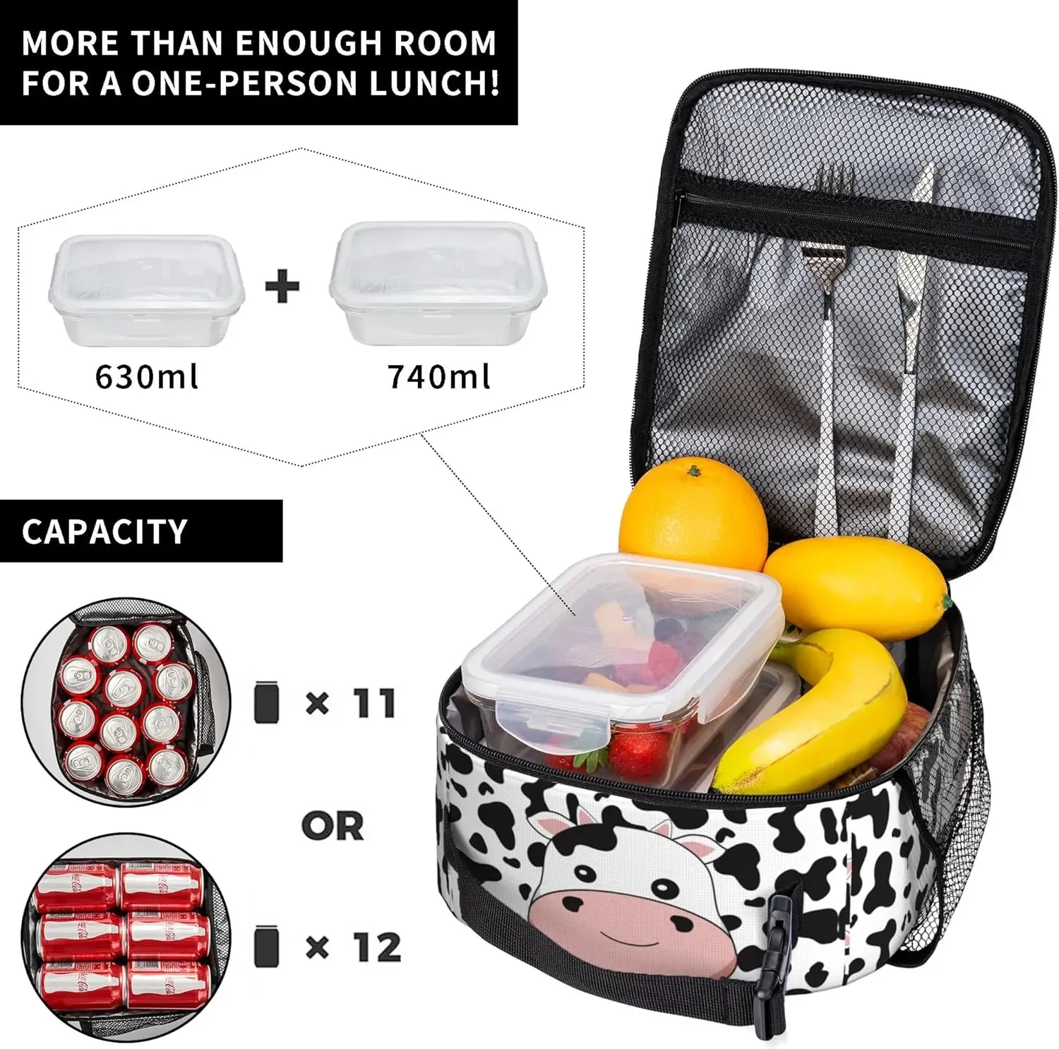 Black Cow Print Lunch Box/Bag for Women Girls Boys Kids Large Capacity Insulated Lunch Bag For Office Work School Picnic Beach