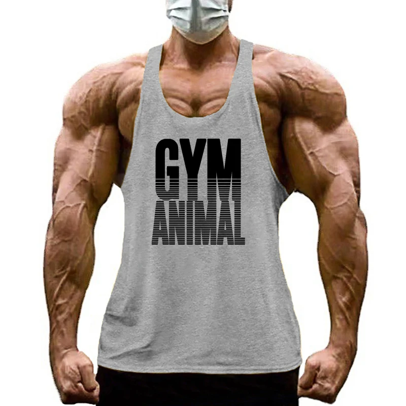 GYM ANIMAL Print Y Back Fitness Stringer Tank Top Mens Cotton Muscle Sleeveless Shirt Bodybuilding Clothing Workout Singlets