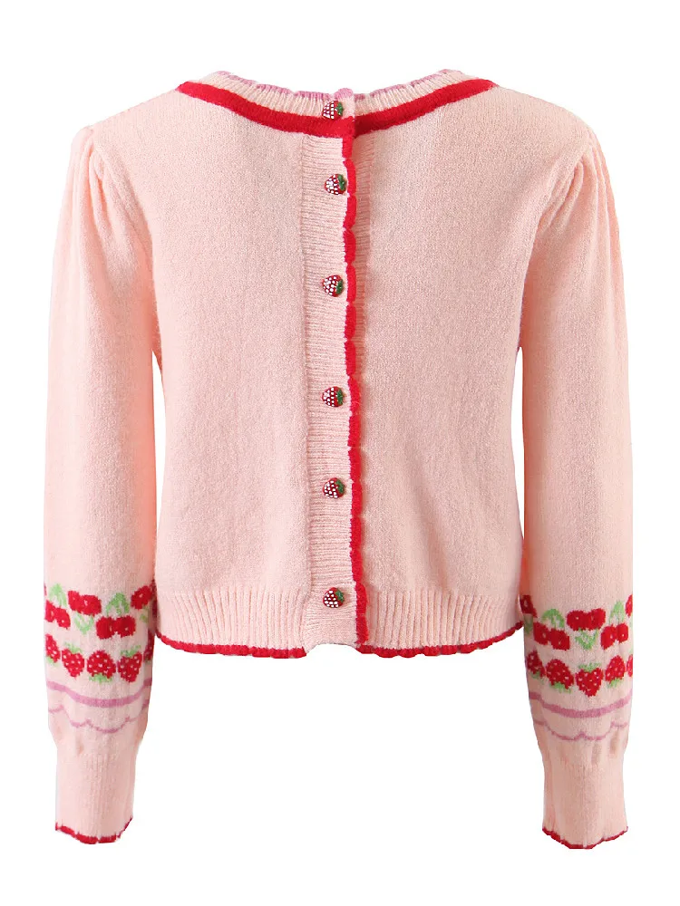 2022 Autumn 2 style Wears 3D Cherry Fruit Back Buttons Cropped Cardigan Woman O neck Puff Sleeve Knitted Sweater Knitwear Pink