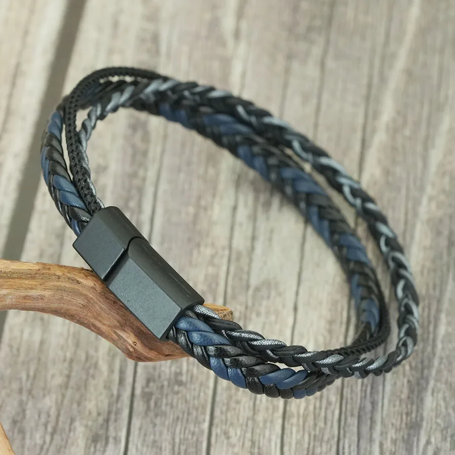 Braided Leather Bracelet for Men 3-Strand Magnetic Clasp Wristband Leisure Multicolor Plaited Cuff Surfer Jewelry Handmade Gift