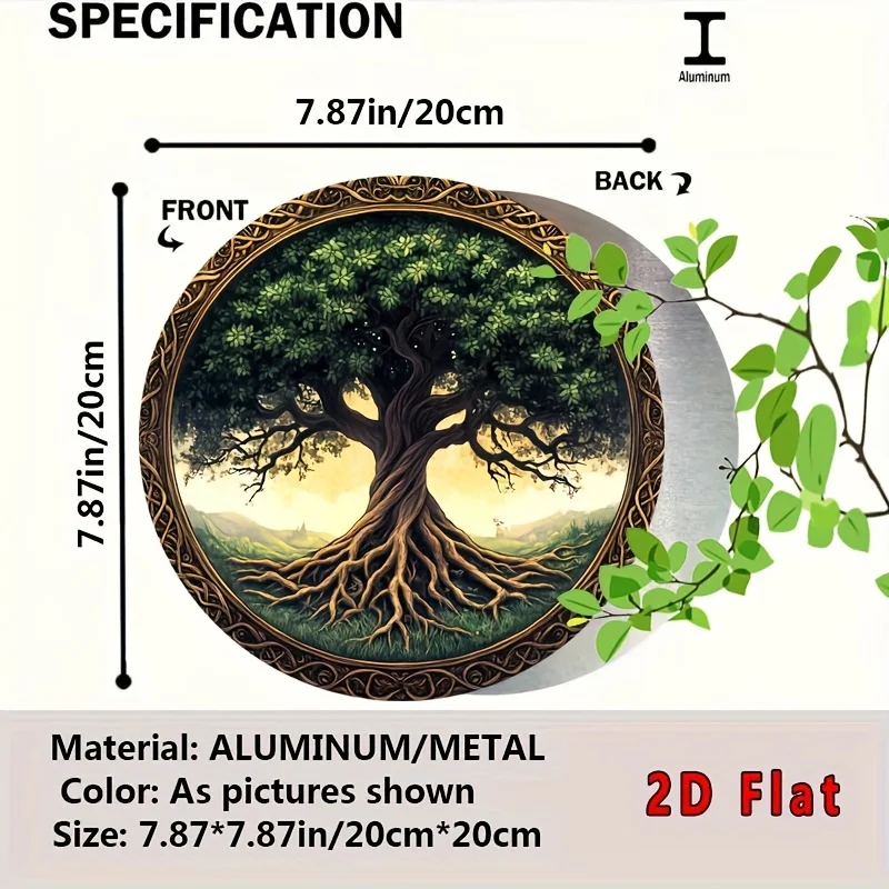 2D Flat, 2D Flat Round Tree of Life Aluminum Wall Sign - 20.32x20.32 cm Metal Decor with Intricate Root System & Vibrant Green L