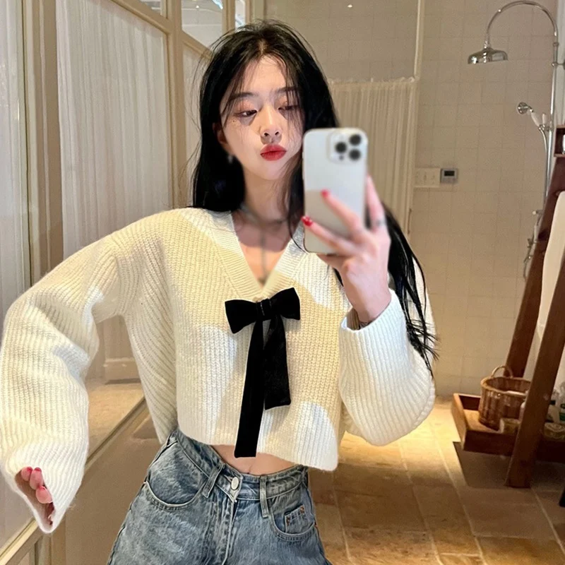 Women\'s Cardigan Bow Tie Knitwear Girls V Neck Long Sleeve Knitting Coat Ladies Spring Autumn Winter Pullover Sweaters