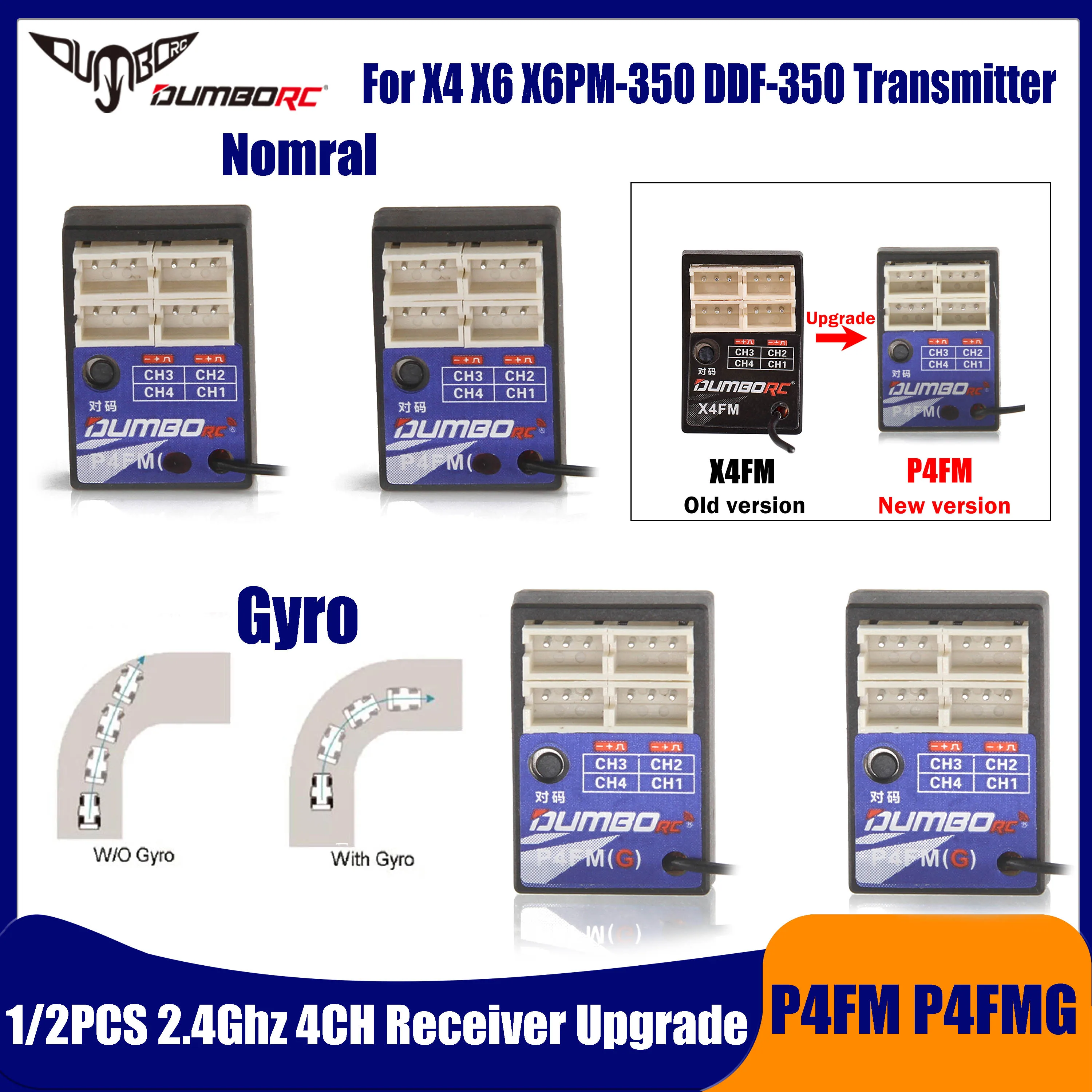 

1/2PCS DUMBORC 4CH Gyro Mini Receiver P4FM P4FMG PWM for X4 X6 X6PM-350 Transmitter Remote Controller RC DIY Car Boat Plane