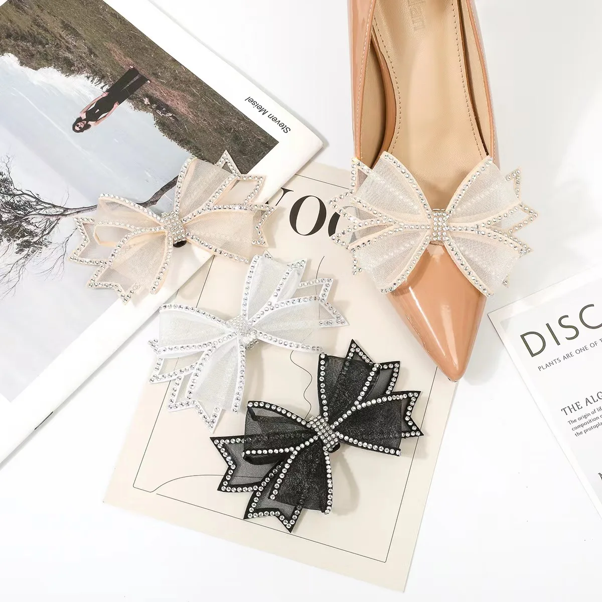 

2PCS Elegant Detachable Bow Detail Shoe Clips For Decorating Wooden Flat Sandals DIY Accessory Easy-Match Shoe Decoration