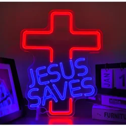 Cross Neon Signs Jesus Saves LED Wall Decor Dimmable Living Room Christian Church Events Birthday Christmas (Red,Blue) 5V USB