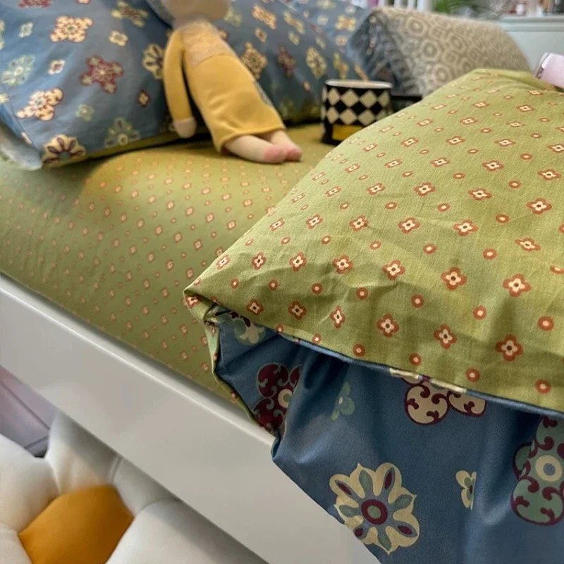 Pure Cotton Bedroom European and American Style Blue Patterned Cotton Four Piece Set Apartment Three Piece Set Single and Double