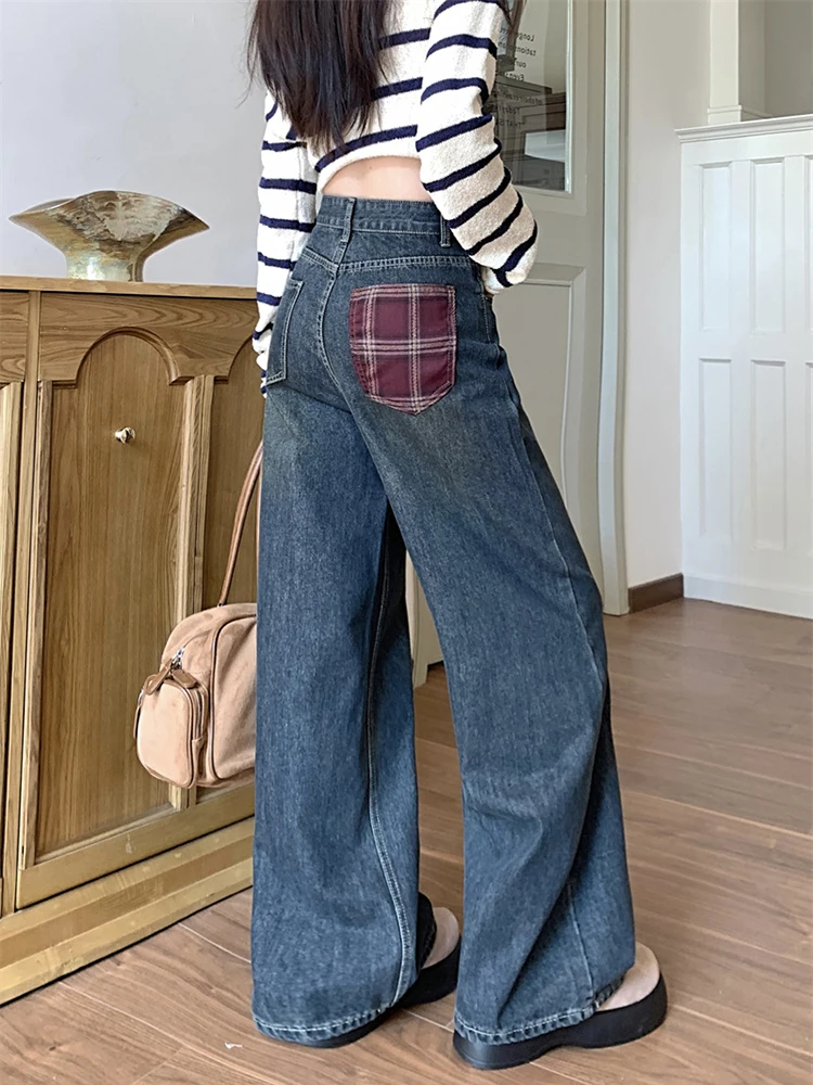 

Ретро-джинсы женские синие в клетку, с вставками, с высокой талией, свободного кроя, визуально стройнящие, широкие брюки в пол, осенне-зимние, для создания непринужденного образа