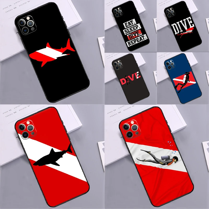 Dive Scuba Diver Shark Diving Flag Case For iPhone 15 14 13 12 11 16 Pro Max XS Max X XR 14 15 Plus 7 8 Back Cover