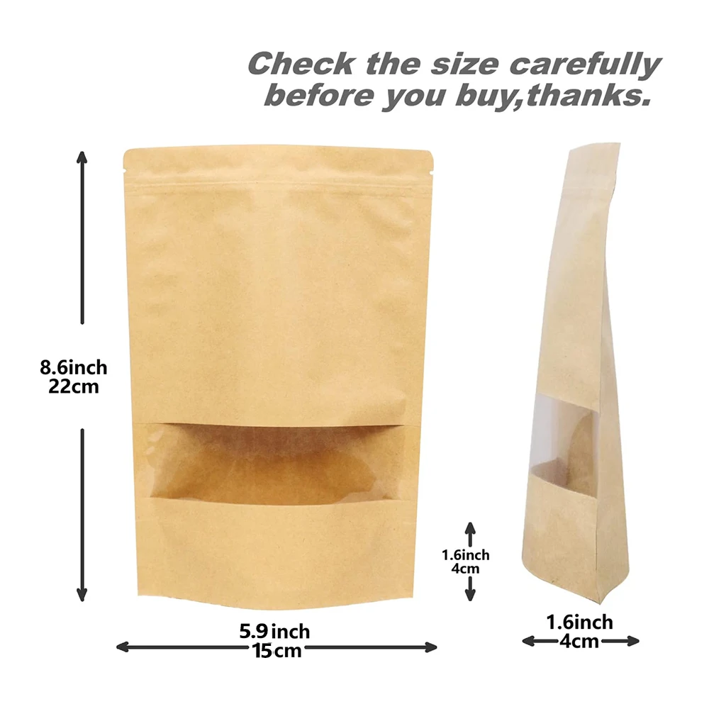 50pcs Stand Up Brown Zip Lock Kraft Paper Bag Window Doypack Food Coffee Bean Candy Gifts Self Sealing Zipper Top Pack Bags