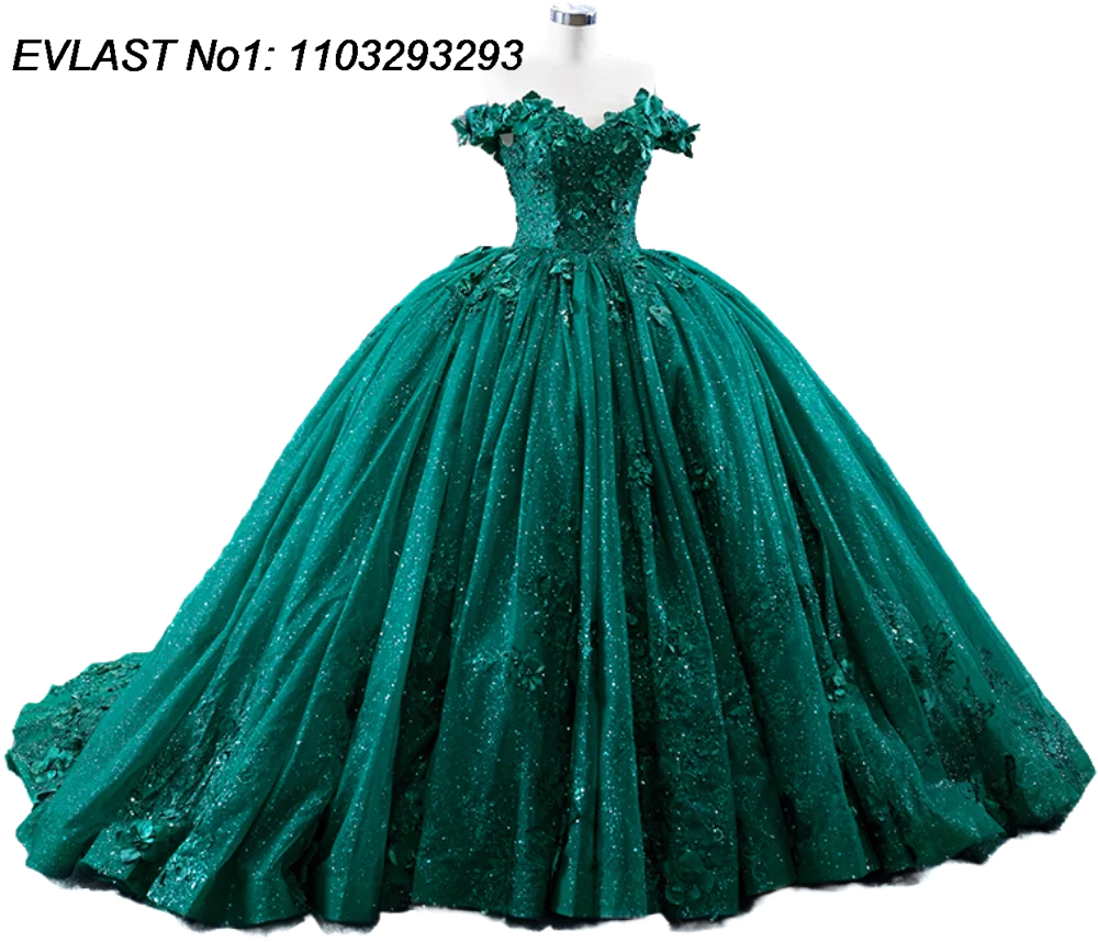 EVLAST Personalizzato Verde Lucido Abito di Sfera Abito Quinceanera Glitter Floreale Applique Che Borda Dolce 16 Abiti Da 15 Anos E1QN17