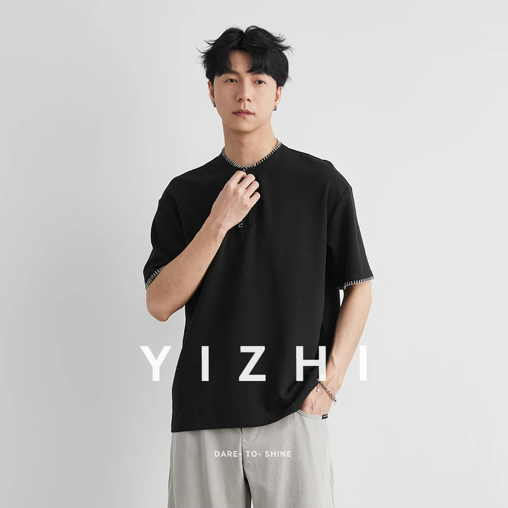 Men's Stitch Detail Henley Neck Waffle T-Shirt 2026 Summer Loose Drop Shoulder Casual Commute