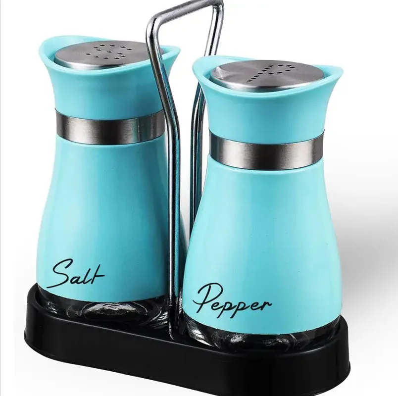 Kitchen Glass Spice Bottle Adjustable Refillable Salt and Pepper Shakers 2pcs Set with Shelf Spice Dispenser With Pour Holes