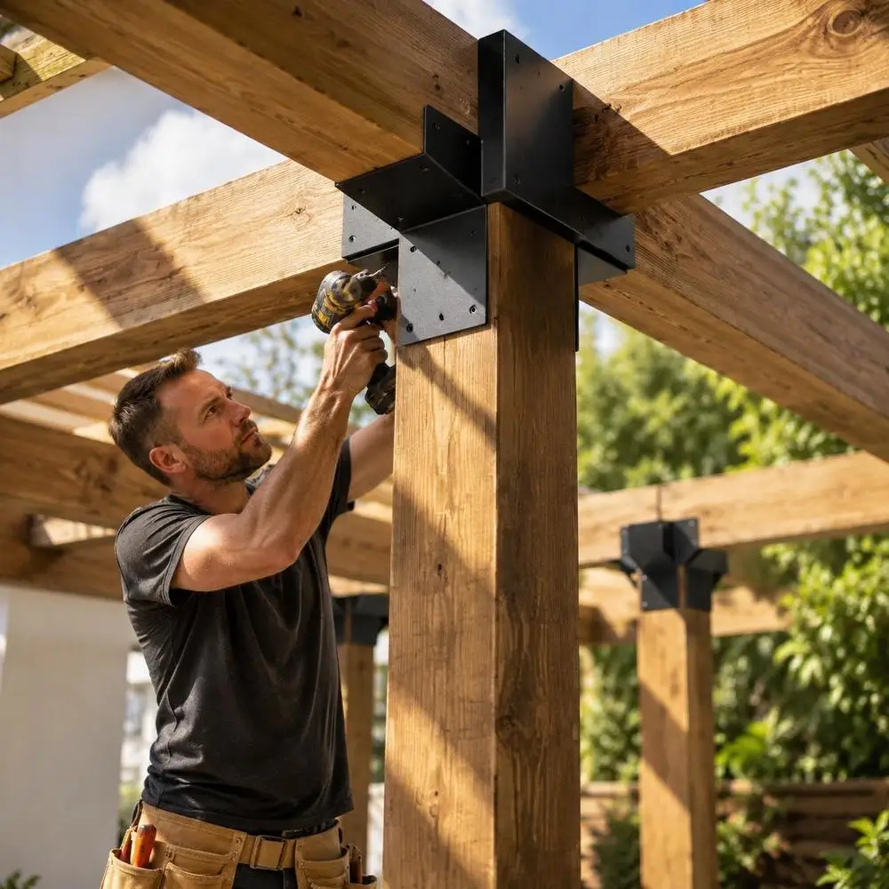 Set von Pfostenverbinder aus mm dicken Stahlplatten, Pfostenwinkel, Pergola-Eckverbinder, Holzverbinder, Stiefelstruktur-Eckhalterungen, Holzbalken, Pavillon-Halterungsset, X x mm