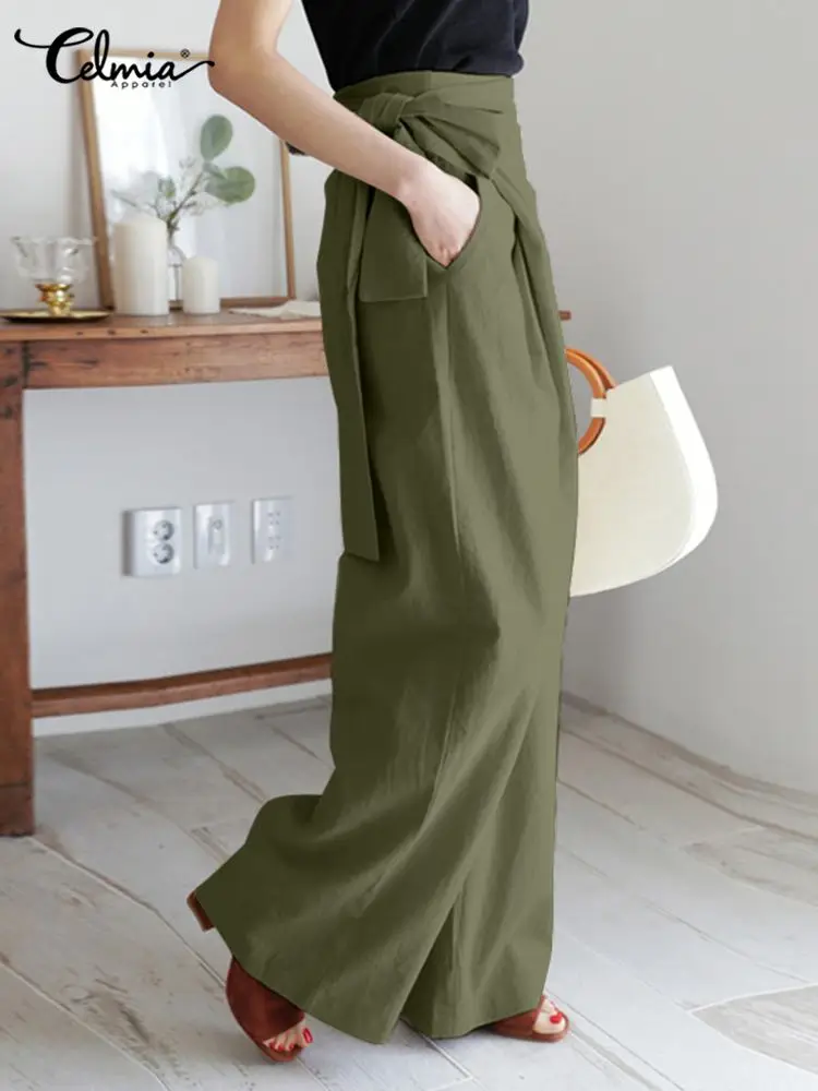 2023 Women\'s Pants Linen Wide-leg Long Trousers High Waist Pant Celmia Vintage Cotton Casual Office Lady Elegant Solid Pantalon