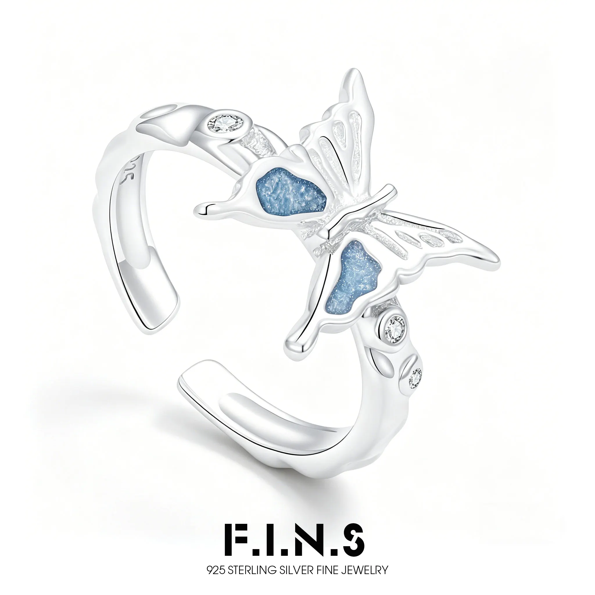 

F.I.N.S Original S925 Sterling Silver Enamel Butterfly Ring Minimalist Aesthetic Open Adjustable Zircon Wedding Party Fine Jewel