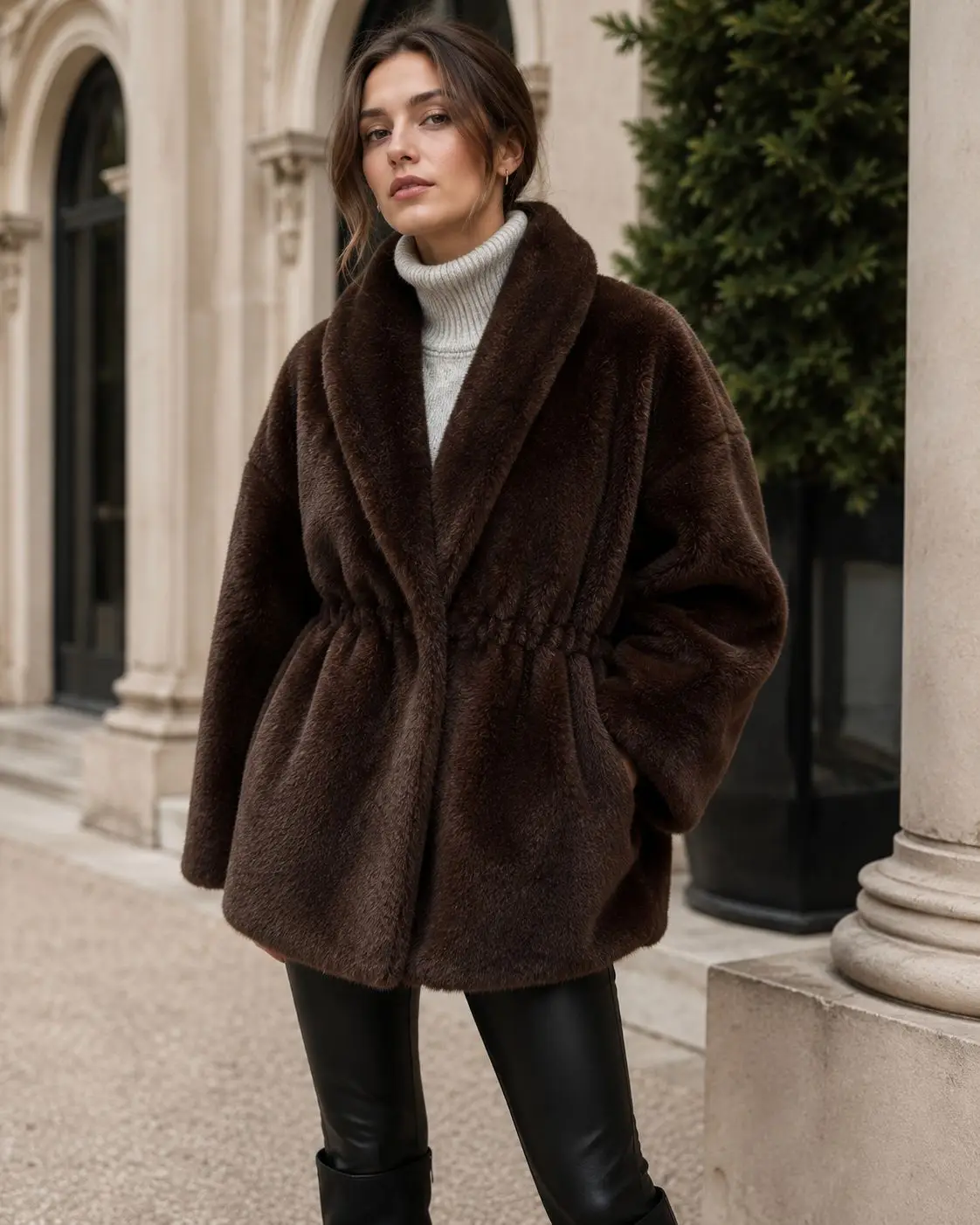 Women Faux Mink Fur Coats Solid Fur Jackets Cotton Linen Turn Down Collar Long Sleeves Single Breasted Cinched Waist 2026 Winter