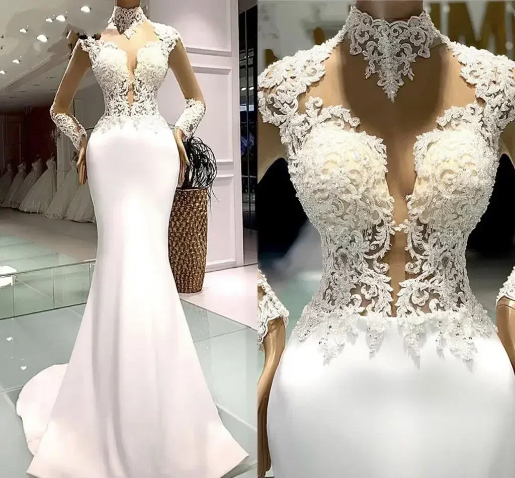 Maßgeschneiderte Hochzeitskleider mit hohem Kragen, durchsichtigen Spitzenapplikationen, Schleppe, Robes De Mariee, langen Ärmeln und schlichtem Brautkleid