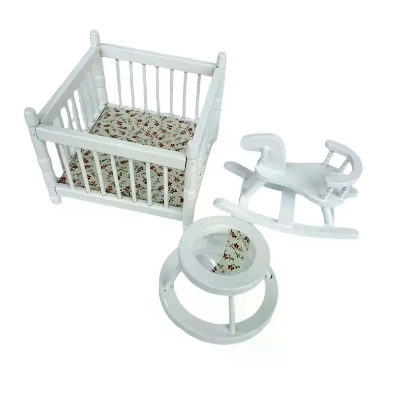 1:12 ドールハウスミニチュア プレイペン 子供用ベッド トロイの木馬 ベビーウォーカー 3点セット モデル ドールハウスデコレーション ごっこ遊びおもちゃ DIY