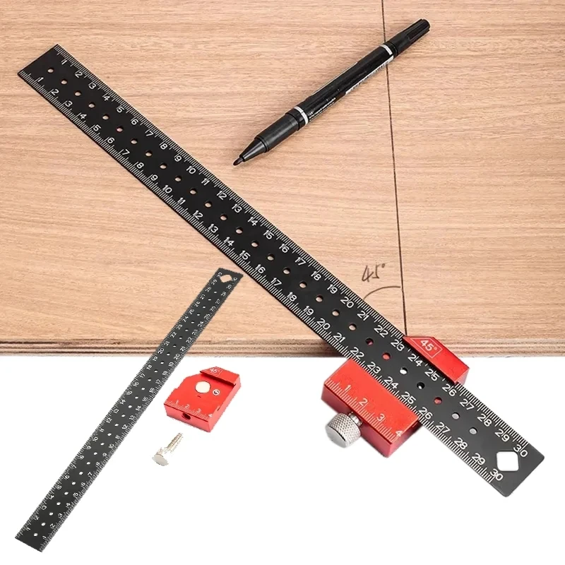 45°/90° Precision Slide Stop Ruler Stainless Steel Ruler Woodworking Measuring Pocket Ruler Inch/Metric Angle Straight T Square