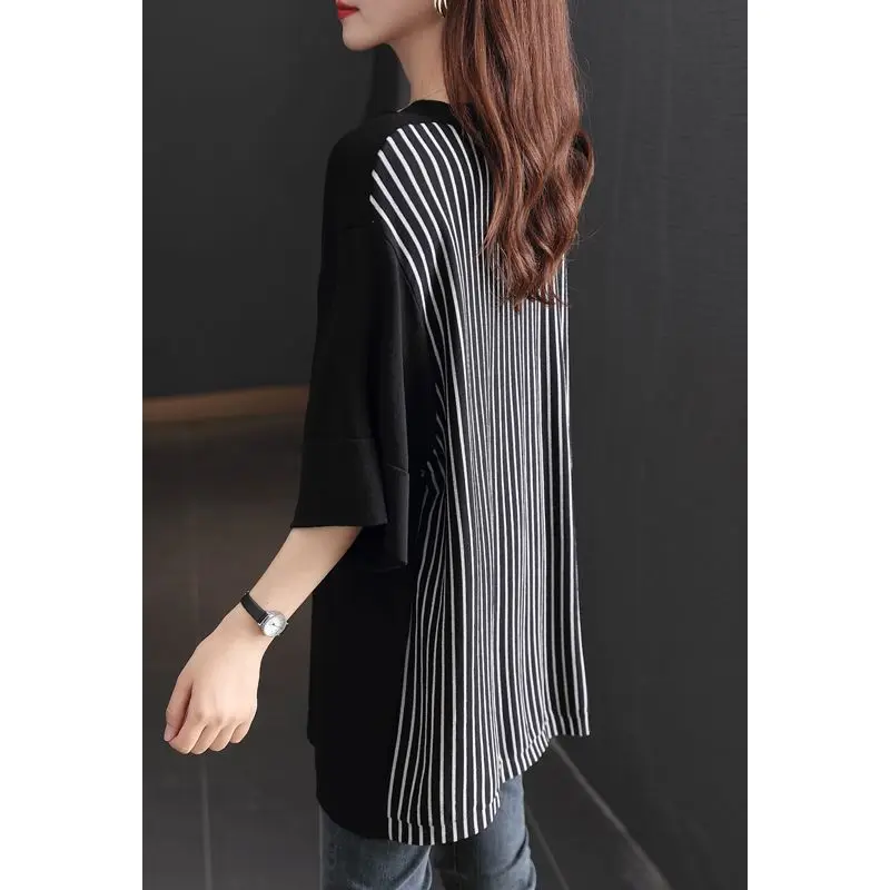 2024 Spring Summer New Lazy Style Ice Silk V-Neck Loose Bottom Knitted T-Shirt for Women\'s Thin Half Sleeved Trendy Casual Top