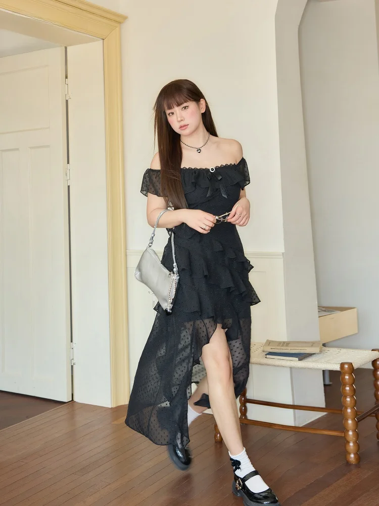 

Black Lace Summer Dress for plus Size Women Shoulder Bared Slimming Design Commute Style High Waist Irregular Skirt Long Dress