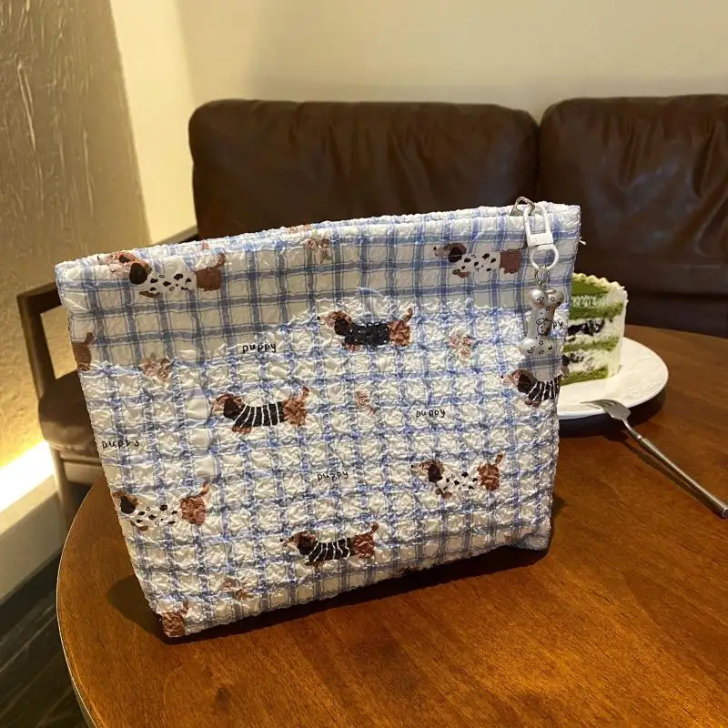 

Cute Blue Grid Sausage Puppy Printed Cosmetic Bags Large Capacity Storage Travel Portable Toiletry Bags