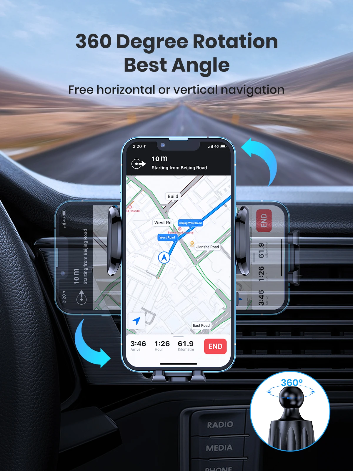TOPK Supporto universale per telefono da auto con clip a gancio Supporto per presa d'aria per auto 360 °   Supporto universale per telefono cellulare con rotazione per cellulare