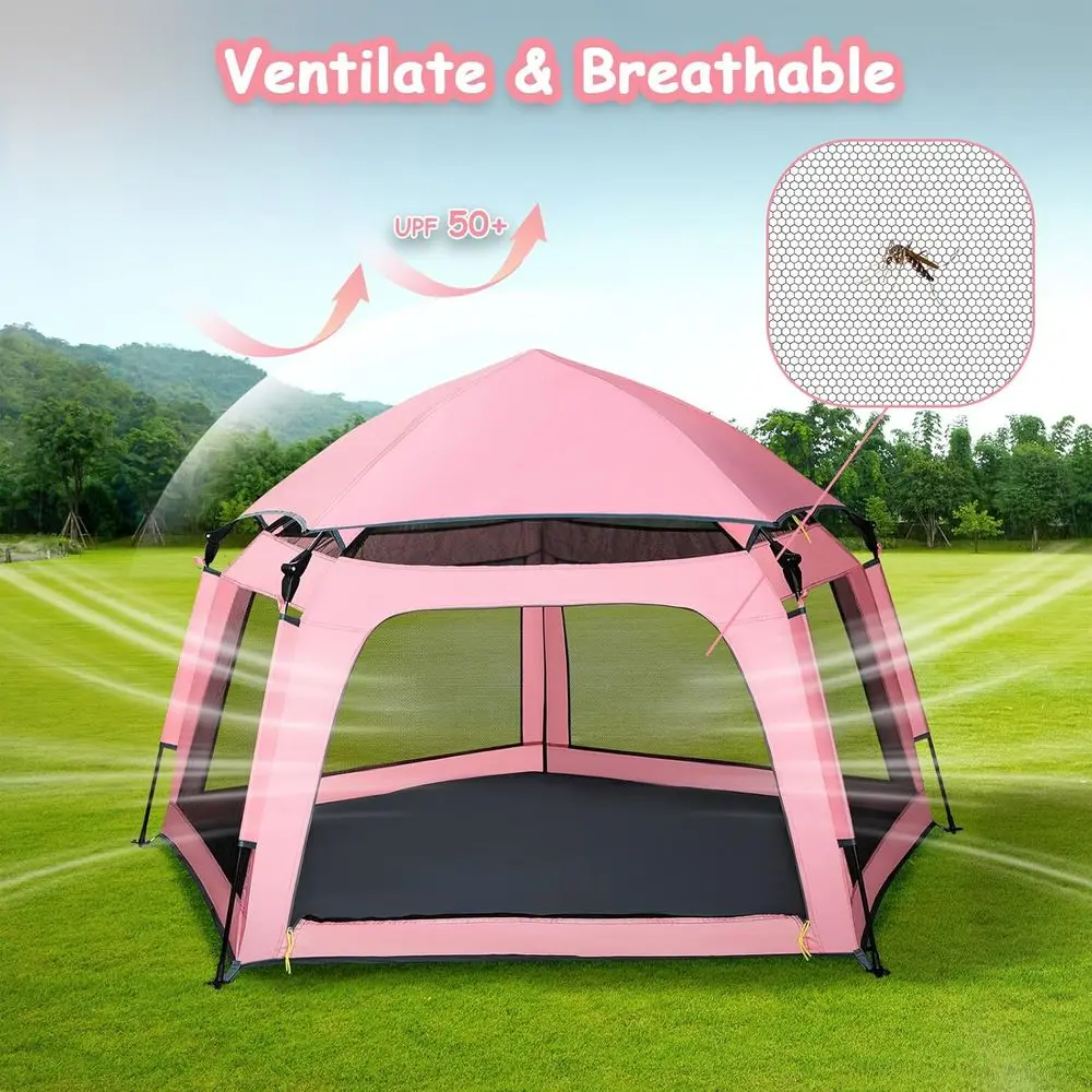 ポータブルピンクプレイペンテント - ビーチ、旅行、幼児向けのキャノピー付き屋内外プレイエリア