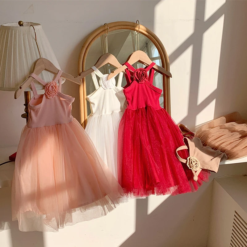 

2025 Summer Toddler Kids Girl Dress Rose Off Shoulder Suspender Sleeveless Sweet Cute Mesh Princess Beach Holiday TUTU Sundress