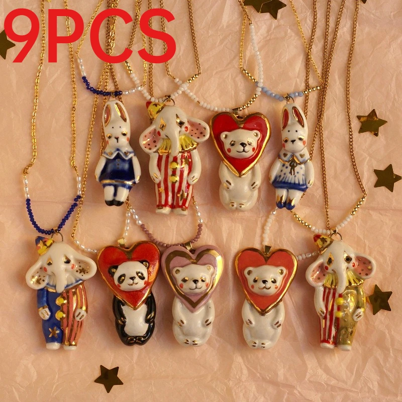 9Pcs Cute Retro Cartoon Animal Necklaces Rabbit Elephant Panda Fashion Jewelry For Daily Wear