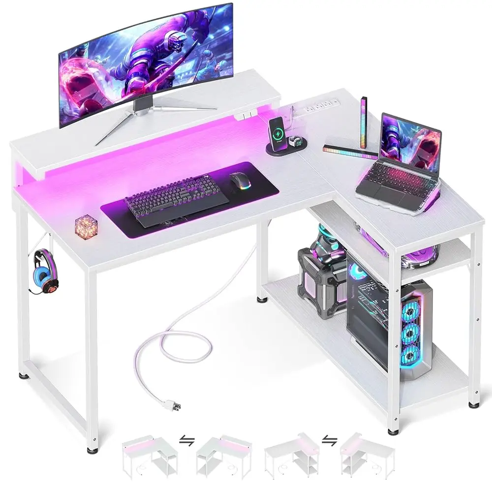 

White L Shaped Gaming Desk With Power Outlet, Reversible Computer Desk With Height Adjustable Monitor Stand, Coner Desk 43Inch