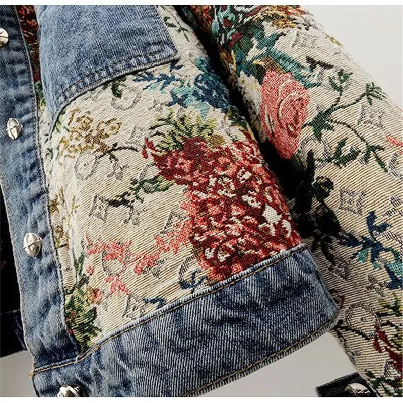 2024 Spring Autumn New Printing Short Denim Jacket Women Fashion Loose Leisure Coat Patchwork Button Vintage Outerwear Female