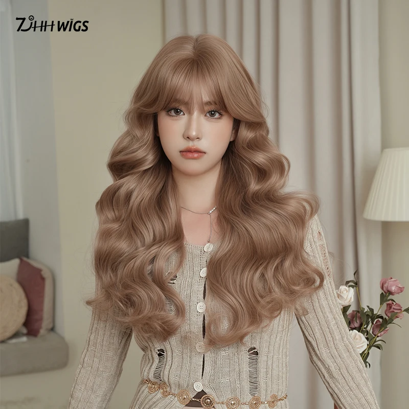 

Long Water Wave Golden Brown Wigs with Bangs High Density Synthetic Heat Resistant Wig Beginner Friendly 27.55 Inches