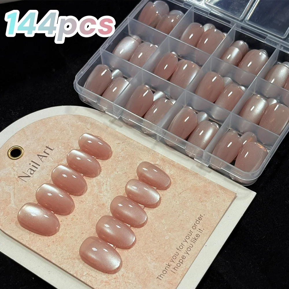 

144pcs/box Natural Nude Cat Eye Fake Nails Short Almond Design Full Cover Fasle Nail Acrylic Press On Nails Elegant Nail Patches