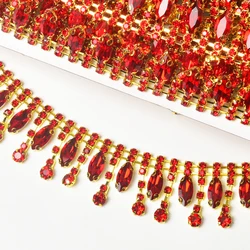 Vendita calda di buona qualità colore rosso Base in oro catena con frange fai da te strass occhio cavallo nappa Trim cucire su decorazione in vetro di cristallo