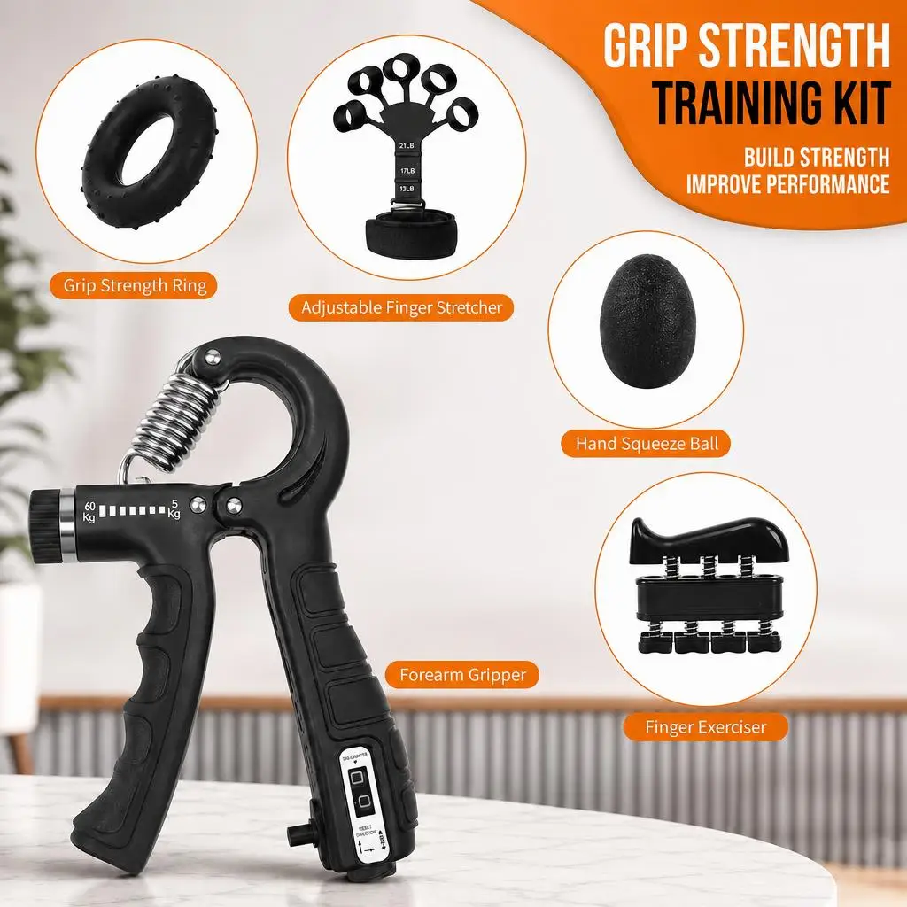 Professional Grip Strength Trainer Set with Mechanical Counter, Includes Finger Exerciser, Unisex, Ideal for Muscle Building, Hand Injury Recovery, and Rehabilitation Training.
