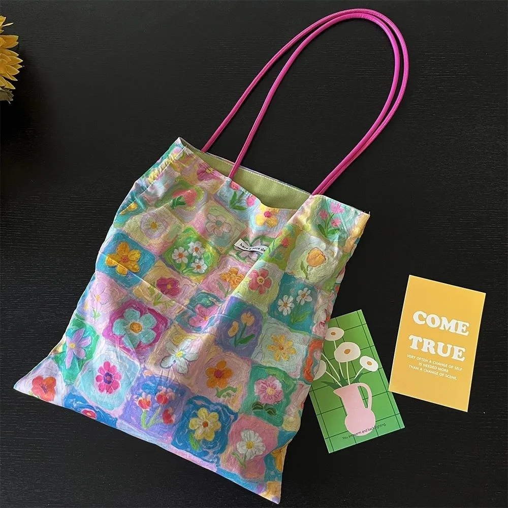 Aesthetic Pastel Flower Floral Shoulder Bag PU Strap Pastoral Style Storage Bag Cloth Shopping Bag Daily Carry