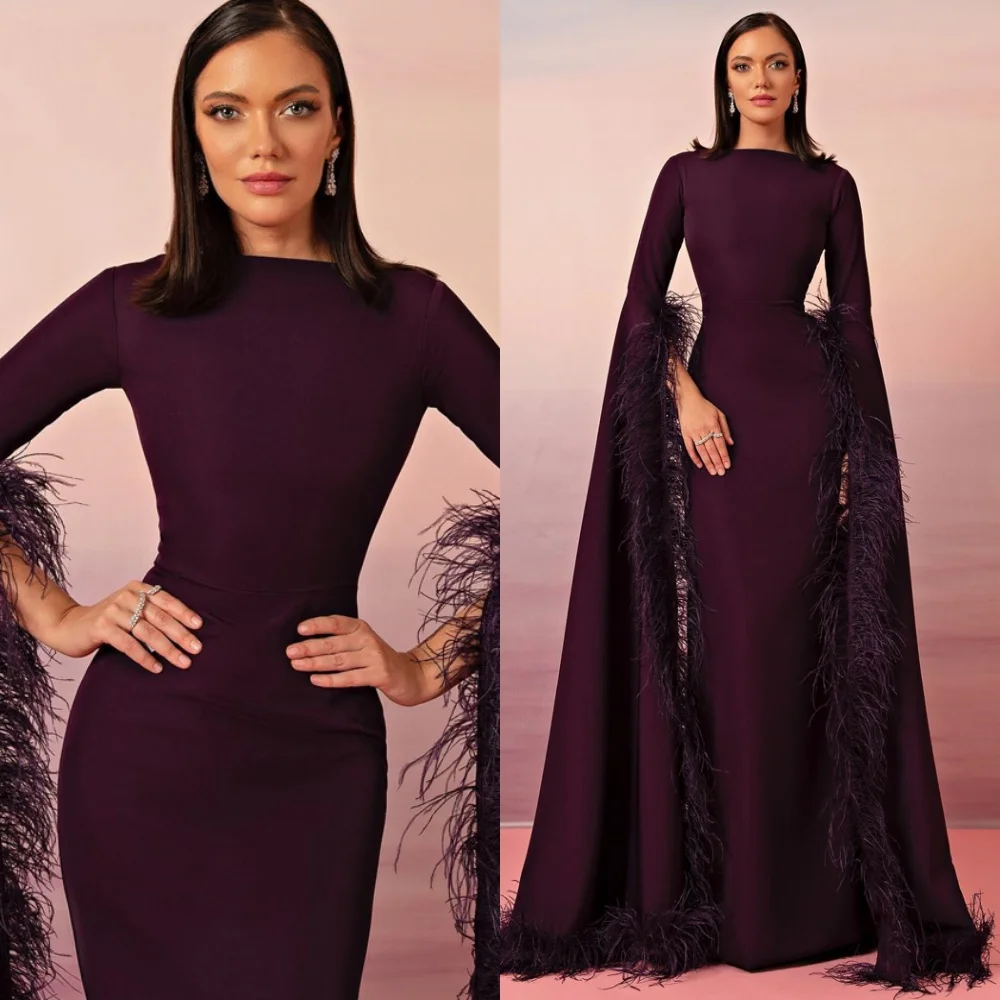 

Customized Temperament Jersey Evening Dresses Exquisite Long Sleeves Feathers Homecoming Dress Fashion Special Occasion Gowns