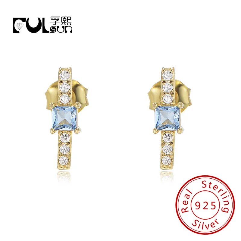 

Minimalist Blue Square Zircon Bar Stud Earrings Fashion Personalized S925 Sterling Silver earrings 14K gold plated jewelry for